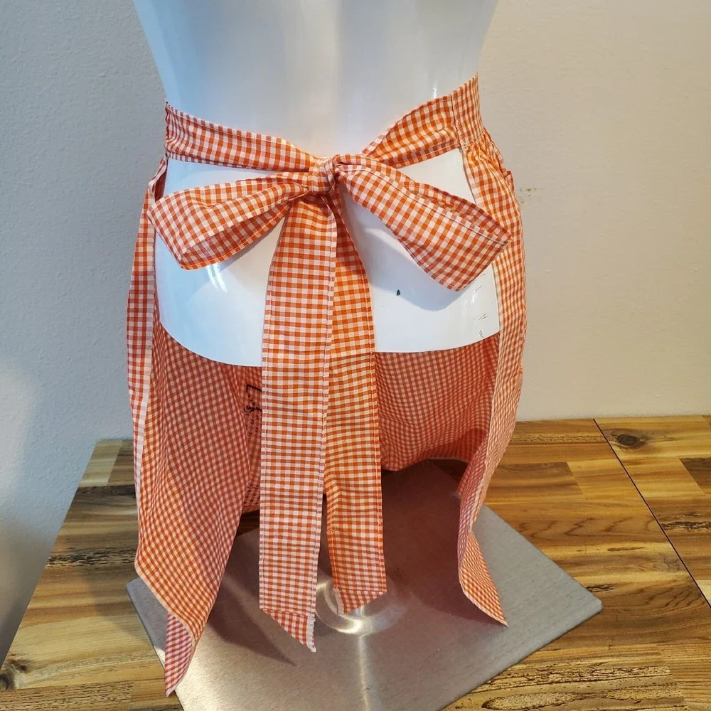 Vintage Hand Embroidered Orange Gingham Half Apron Lightweight Cottage Core